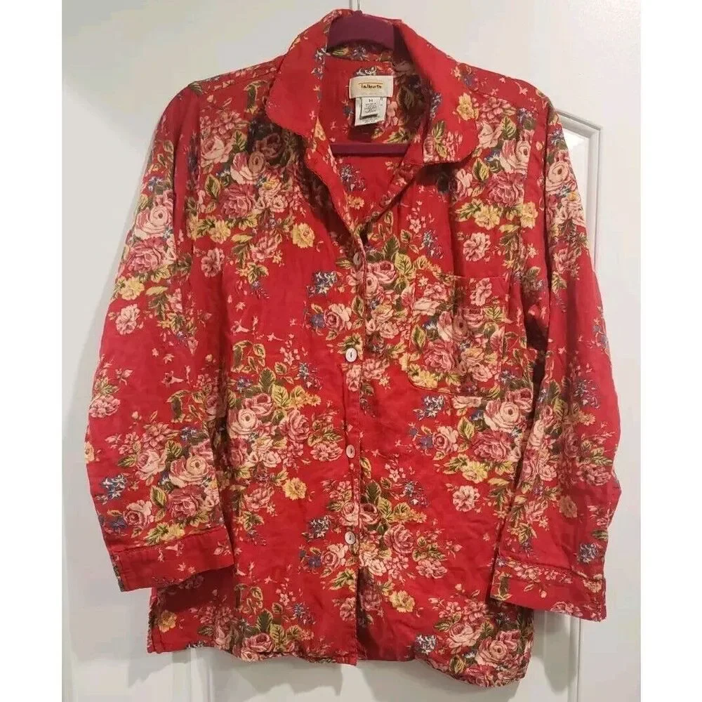 VINTAGE Talbots Intimates Red Floral Capiz Button Sleep Top‎ Size Medium